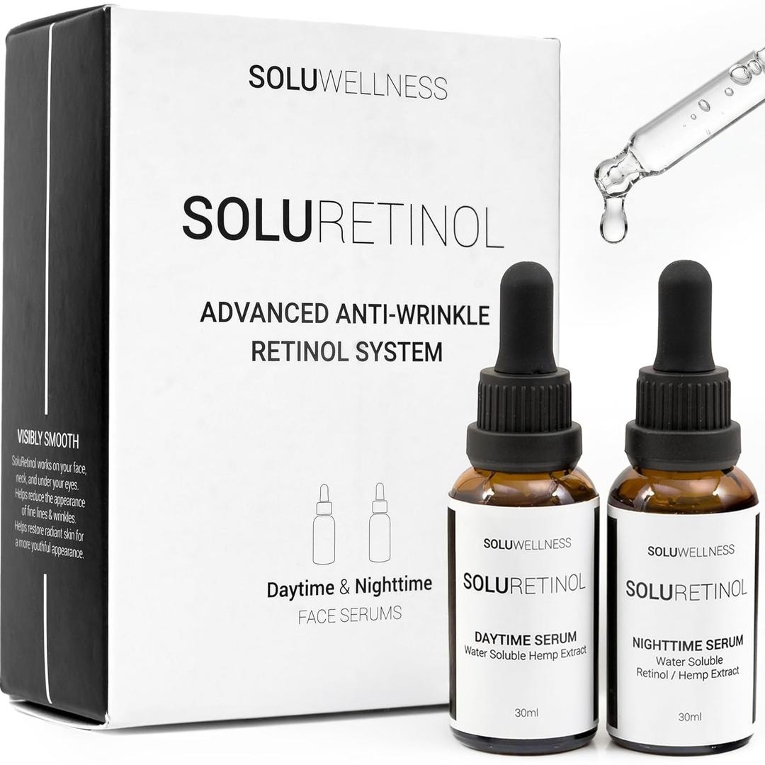 Retinol Serum for Face Wrinkles Skin Renewing Day & Night System (2 x 30 ml) Anti Aging Skin Booster Serum, Moisture-Locking Duo for Eyes, Neck & Deep Lines