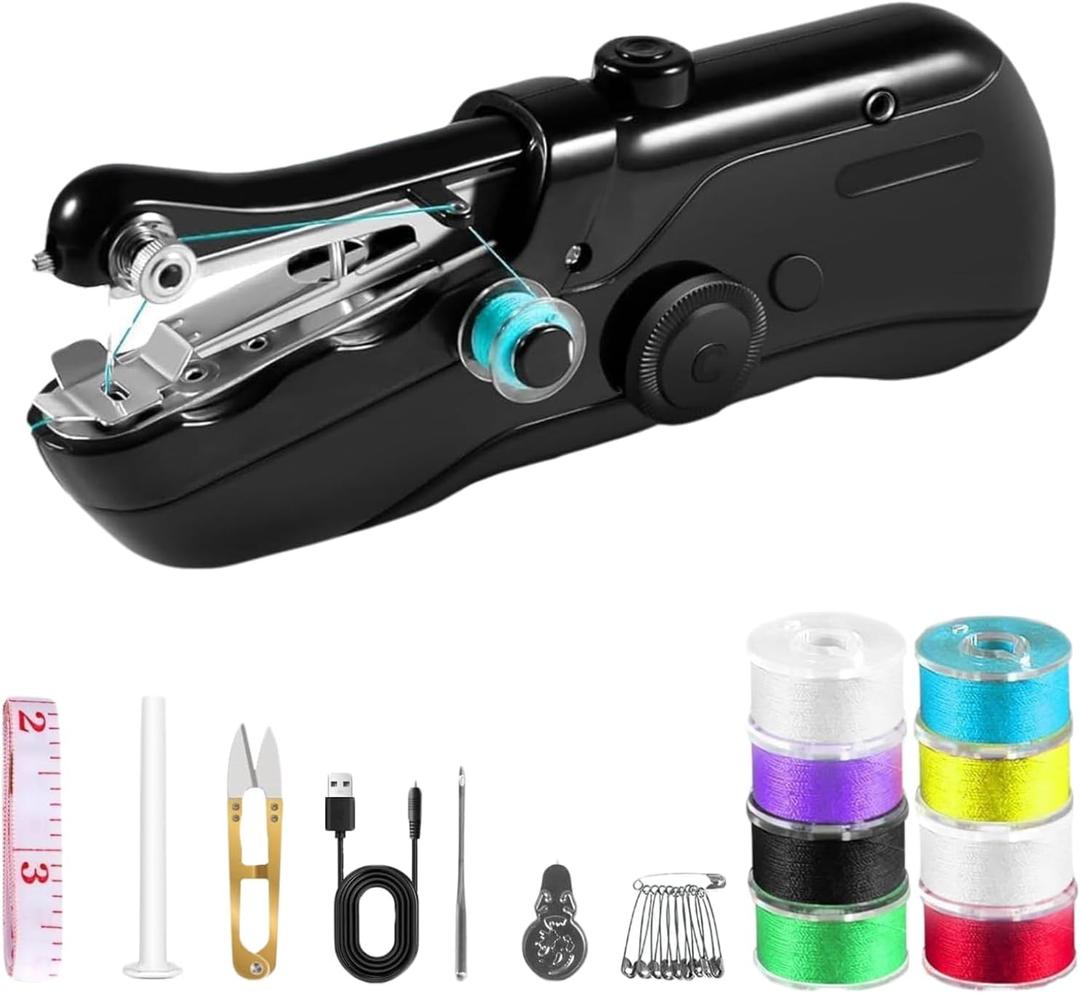 Portable Handheld Sewing Machine for Beginners - Mini Hand Held Sewing Machine for Adults - Small Cordless Stitching Machine for Home Travel Clothes DIY Fabric (Black)