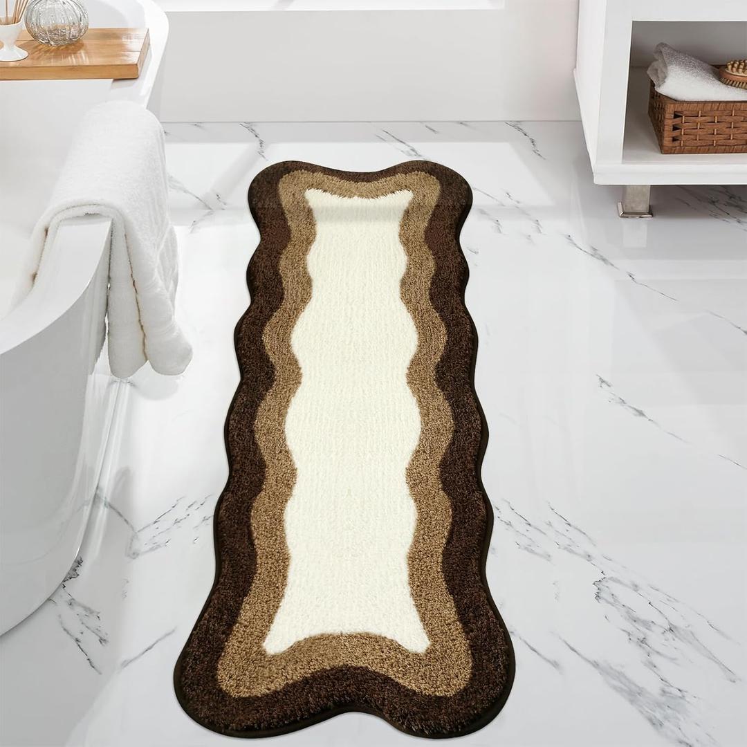 HAOCOO Brown Long Bathroom Rug Runner, Microfiber Absorbent Boho Bath Mats for Bathroom Non-Slip, Washable Soft Plush Shower Mats for Sink Shower Tub (18x47 inch)