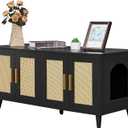 Homhedy Boho Cat Litter Box Enclosure for 2 Cats, Wooden Cat Washroom Furniture with Double Rattan Decorated Doors, Pet House,47.2L x 19.7W x 21.7H, Black and Natural
