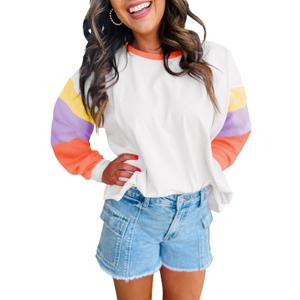 miduo Womens Long Sleeve Tops Color Block Stitching Casual Loose Fit Crew Neck Shirts Blouses (White, XL)