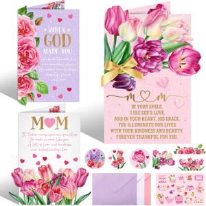 12 Pack Mother's Day Cards Bulk 3D Happy Mothers Day Card Making Kits with Envelopes Stickers Ribbon and Tulip Cutout Handmade Gifts for Mom Wife Daughter Women Friends