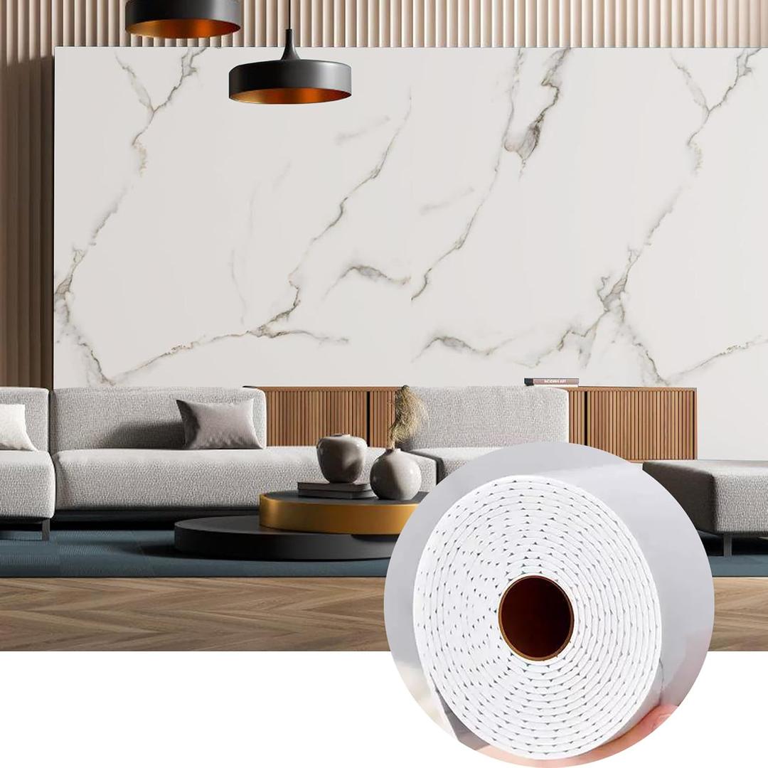 KASARO Peel and Stick Backsplash Wall Tile, 118 47 inch, Self-Adhesive Thicker Waterproof 3D Panel, PET Marble White with Grey Stripes Decor Accent for Kitchen, Bathroom, 1 Piece