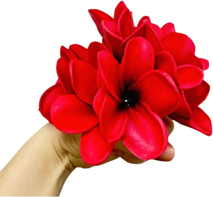 10 pcs Artificial Plumeria Flowers -1.5inch Stems & 3inch Real Touch Lifelike Frangipani Fake Flower Bouquets for Cake Top Home Office Wedding Engagement Party Spring Flowers Decor (Red)
