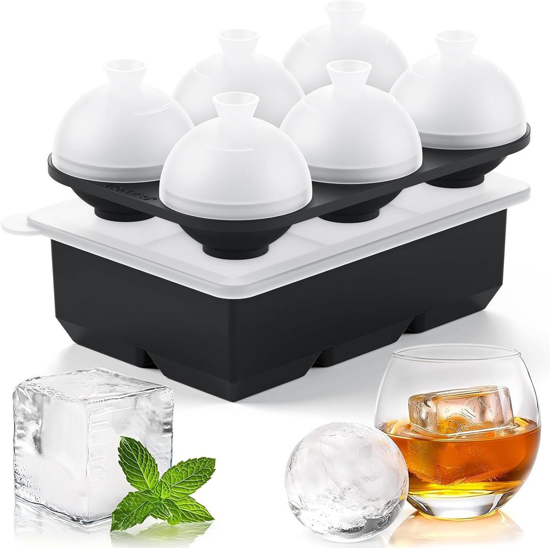 Whiskey Cocktail Ice Mold, Easy Fill and Release Silicone Round Ice Ball Maker Mold Large Square Ice Cube Tray with Lid - 6 Ice Balls + 6 Ice Cubes Black