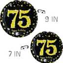 Trgowaul 75th Birthday Party Supplies - Black and Gold Paper Plates, Napkins, Cups, Tablecover Forks, Knives and Spoons for 24 Guests and Party Number Balloon Decorations Banner