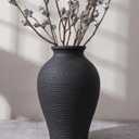 Ceramic Flower Vase Home Decor, 9 in Farmhouse Table Vases Rustic Vintage Living Room Kitchen Bedroom Pottery Decorative Vases for Flowers House Book Shelf Office Coffee Desk Dining Entryway, Black