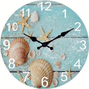 XNM 12 Inch Blue Wooden Wall Clocks Battery Operated Coastal Starfish Decorative Wall Clock for Living Room Bedroom Bathroom Sea Shell Wall Clock Silent Non Ticking
