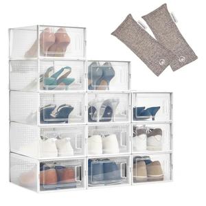 HomeBuddy Shoe Organizer Box - 12 Pack Shoe Box, Stackable Sneaker Storage, Sturdy Shoe Containers with Back Ventilation, Clear Shoe Boxes - Bamboo Charcoal Deodorizers Included