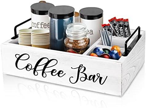 MINCORD Coffee Station Organizer Wooden Coffee Bar Holder Accessories for Countertop, Farmhouse Kcup Pod Storage Basket with Handle - Brown
