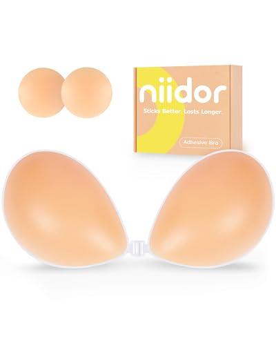 Niidor Adhesive Bra Invisible Silicone Reusable Sticky Bra Strapless Backless Adhesive Bra for Women Wedding Dress Creme, Cup Size: C