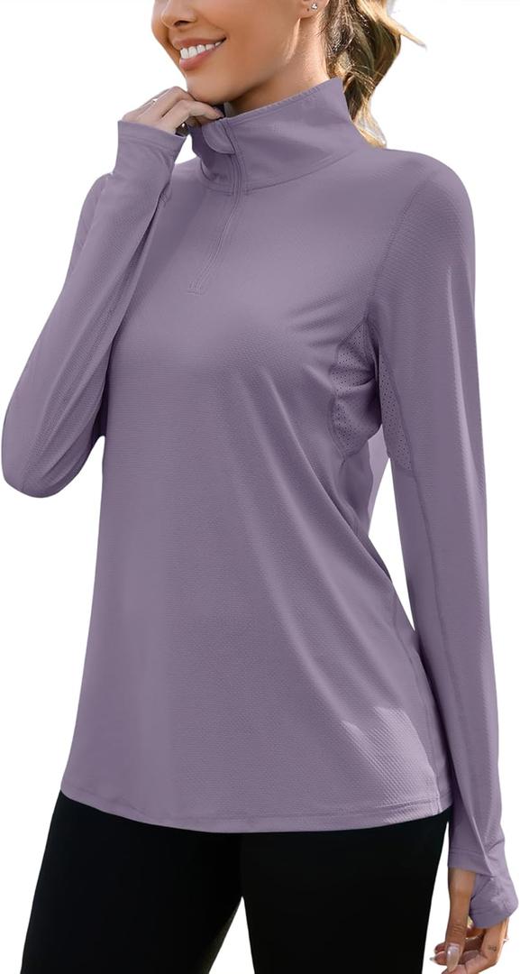 LUYAA Womens 1/4 zip UPF 50+ Sun Shirt SPF Long Sleeve Lightweight UV Protection Clothing Hiking Fishing Outdoor (X-Large, Gray Purple)