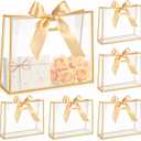 Aliceset 12 Pcs Clear Plastic Gift Bags with Die Cut Handles Reusable Party Favor Bags with Ribbon for Mother's Day Wedding Graduation Bridal Shower Baby Shower, 12 x 10 x 5''(Gold)