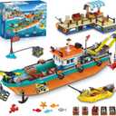 City Fishing Boat Wharf Building Set - Floatable Sea Fishing Ship Building Block Kit with Speedboat Crane Containers Exploration Boats Toy Birthday Gift for Kids Boys Girls 6 7 8 9 10+, 762PCS