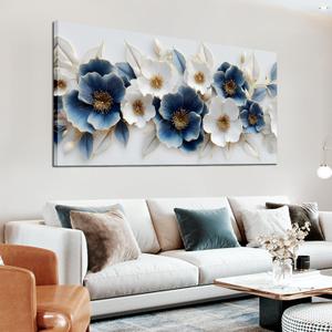 Large Canvas Wall Art for Living Room Blue and White Floral Print Painting wall Decor for Bedroom Office Modern Home Botanical Framed Wall Decorations Artwork Size 24x48 Ready to Hang