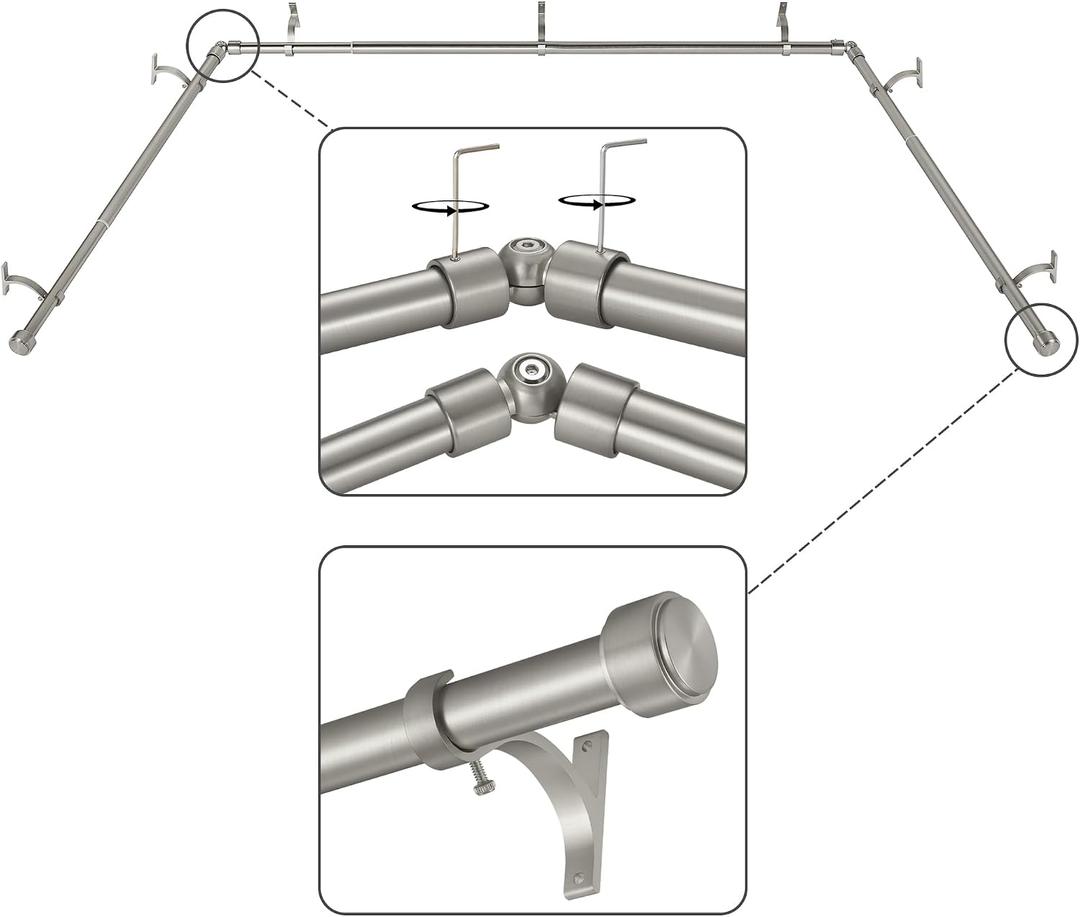 Brushed Nickel Bay Window Curtain Rods with Aluminum End Cap Finials and Brackets,Adjustable 36-72 Inch Center Rod for windows (24-68), 20-36 Inch Side Rods for windows (16-32)