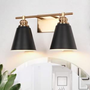 Black and Gold Bathroom Light Fixtures, 2-Light Bathroom Vanity Lights Over Mirror with Metal Shade, Modern Wall Sconces Lighting for Kitchen Bedroom Living Room, BD015-2-BK