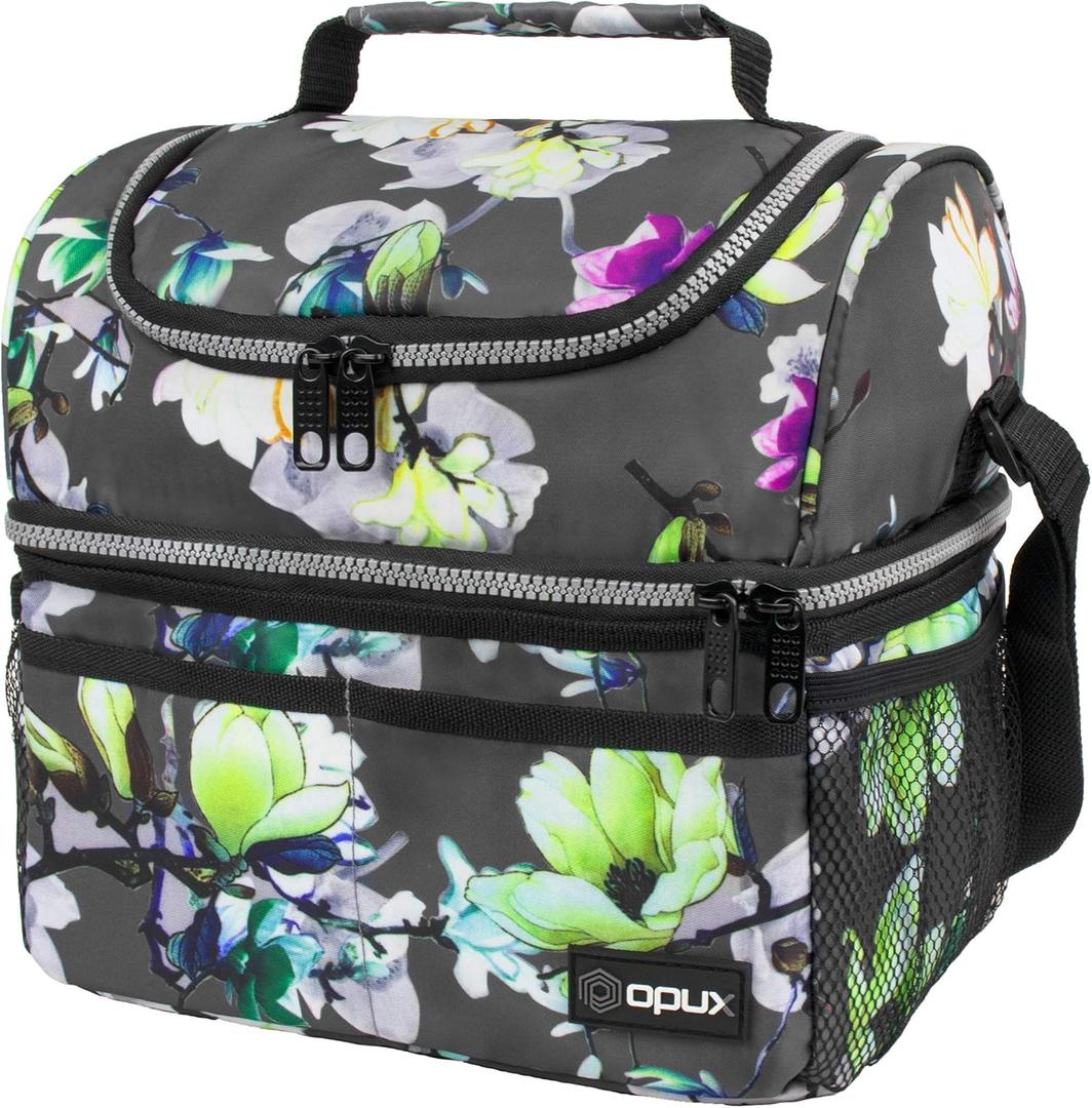 OPUX Lunch Box For Women, Insulated Large Lunch Bag Adult Work, Double Decker Lunchbox Meal Prep, Dual Compartment Leakproof Lunch Cooler, Lunch Pail Tote for Girls Kids School, Floral Gray 16 Cans