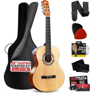 Pyle Beginner Acoustic Guitar Kit, 4/4 Full Size All Wood Instrument with Full Accessory Kit, Picks, Shoulder Strap, Carry Case, Cleaning Cloth, Tuner App, 2 Month Lessons, 39 (2) Ash, Gloss)
