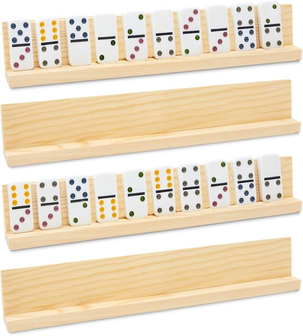 Juvale Dominoes Holders Set of 4 Wooden Trays - 13-Inch, Natural Wood - Customizable Unfinished Racks for Mexican Train Accessories