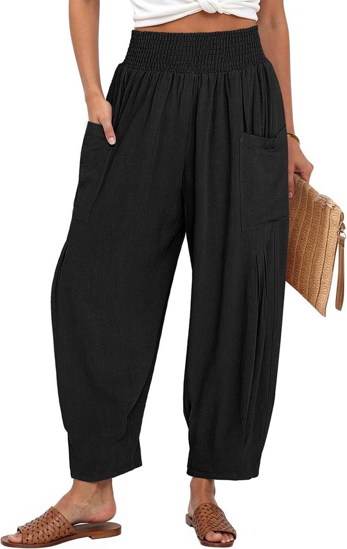TARSE Women Linen Boho Pants Summer Casual Loose High Waist Cargo Lounge Harem Pant 2025 Beach Travel Vacation Outfits (Medium, Black)
