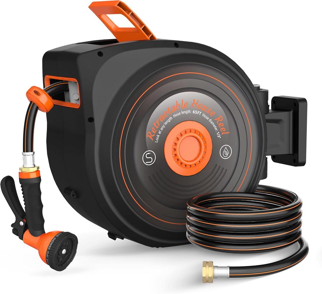 Mars Villa Retractable Garden Water Hose Reel for Outside, 1/2 IN x 65 FT | Auto-Rewind & Any Length Lock, 180° Swivel Bracket, Wall Mounted, Slow Return, 10 Spray Patterns, UV-Resistant