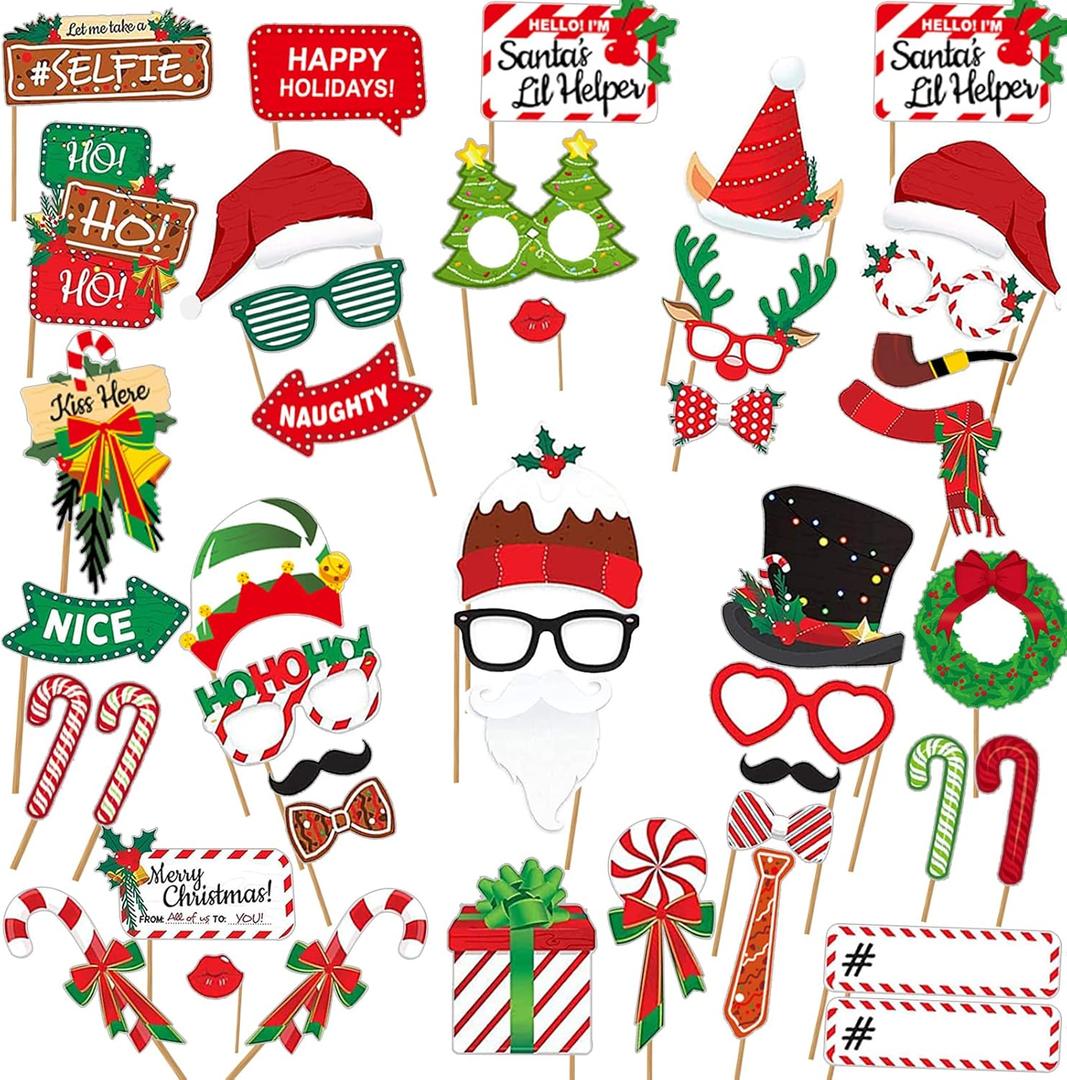 LEVSUPTY 44Pcs Christmas Party Photo Booth with Stick Props Kit for Adults Kids for Christmas Theme Party Favors Decorations Decor Supplies,Funny Xmas Selfie Props