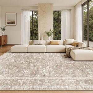 Madane Living Room 10x14 Area Rugs, Washable Low Pile Non-Slip Stain Resistant Extra Large Thin Rug, Vintage Soft Throw Carpet for Dining Room Bedroom Farmhouse Home Office Decor (10 x 14, Brown/Sand)