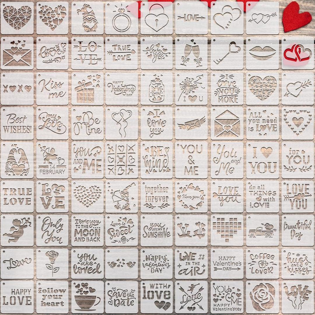 Teling 80 Pcs Valentine Heart Love Stencils for Painting 3 x 3 Inch Reusable Valentine Drawing Templates Plastic Heart Stencil for Adults Paint on Wood Fabric Envelopes DIY Craft