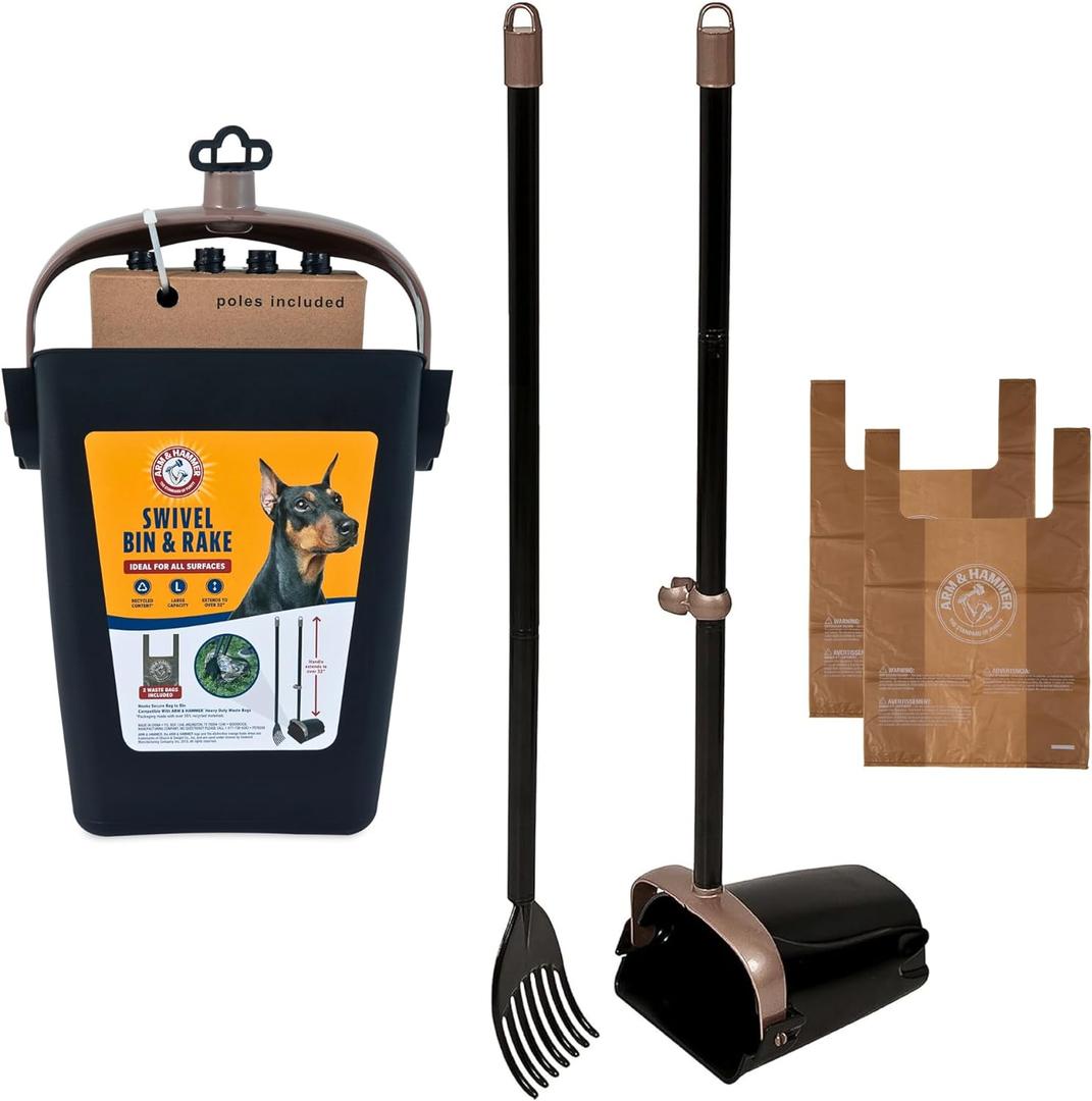 Arm & Hammer Dog Pooper Scooper Swivel Bin & Rake, Poop Scoop for Dogs, Black (2 Heavy Duty Scented Waste Bags Included) (One Size)