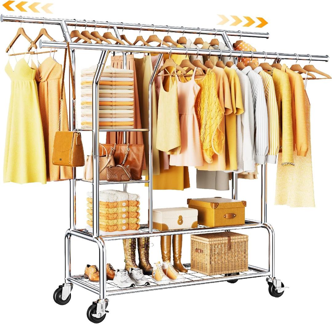 Heavy Duty Clothes Rack - Rolling Clothing Racks for Hanging Clothes Load 630 LBS, Double Rod Metal Garment Rack With Storage Shelf, Portable Wardrobe Racks with Wheels