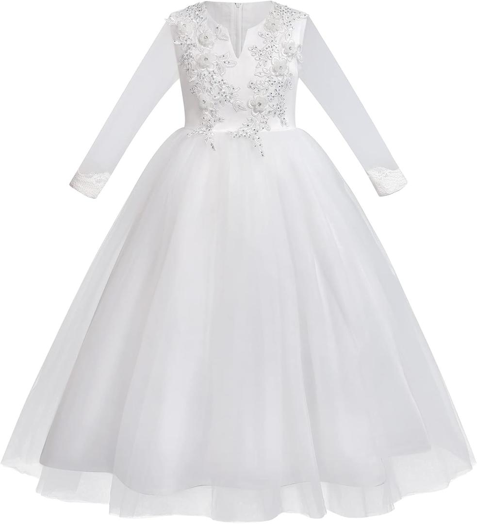 Flower Girls Maxi Dress Bridesmaid Wedding Pageant Party Princess Communion Floral Boho Vintage Lace Dance Gown (9-10 Years, White - Long Sleeve)