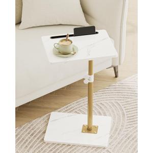 Masupu Sofa Arm Tray Table - 360 Swivel Height Adjustable End Table, Small Snack Side Table for Couch, C Shaped Table for Bed, Chair or TV Tray Table(Marble White and Gold)