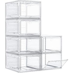 Thickened Clear Shoe Storage Organizer with Magnetic Door, Sturdy Stackable Shoe Boxes for Closet, Collapsible Space-Saving Shoe Rack for Sneakers & Boots, Plastic Shoe Cabinet Box Set, 6 Pack, White