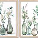 Boho Plant Wall Art Green Botanical 2Pcs Bohemain Framed Wall Printing Neutral Canvas Prints with Eucalyptus Leaf and Glass Bottle Sage Green Wall Decor For Kitchen Dining Room Living Roon Bathroom 16x20IN