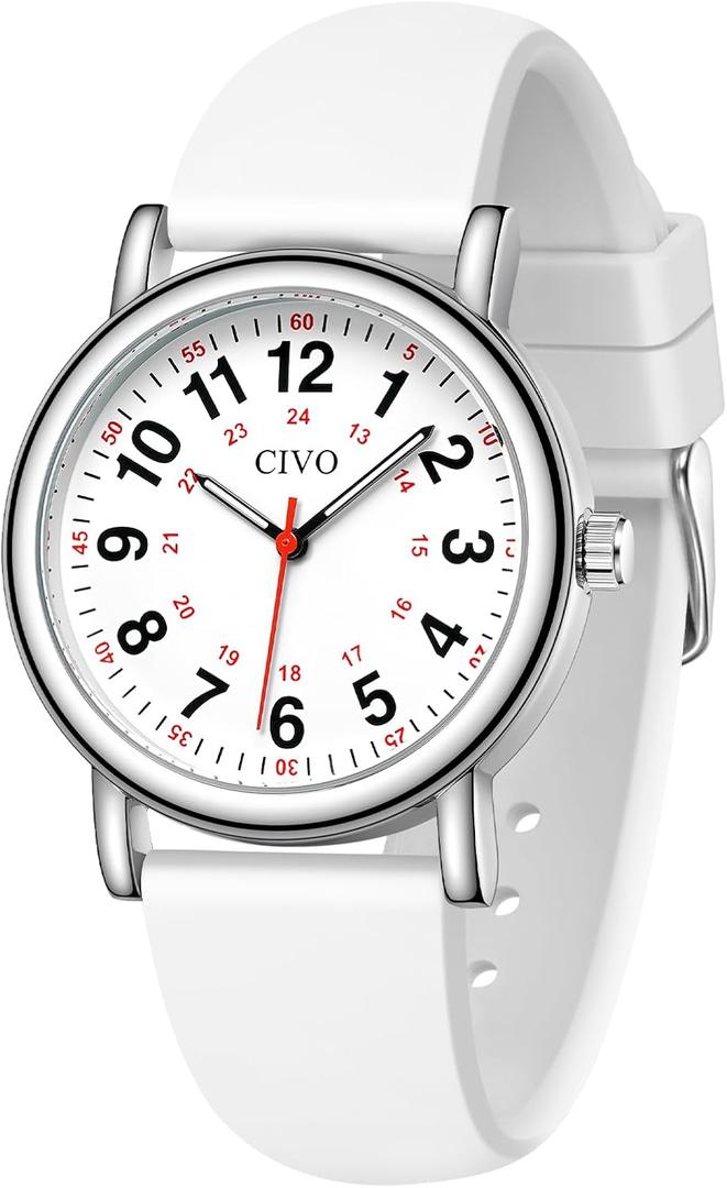 CIVO Nurse Watches for Women Men: Waterproof Wristwatch with Easy-Read Dial - Analog Watch with 12/24 Hour & Second Hand Gifts for Nurses Doctors Students (White L2)