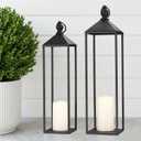 Perfnique Decorative Lanterns for Indoor & Outdoor, Set of 2 Black Metal Lanterns (22" & 19") with LED Timer Flameless Candles, Farmhouse Modern Decor for Front Porch, Patio, Mantle