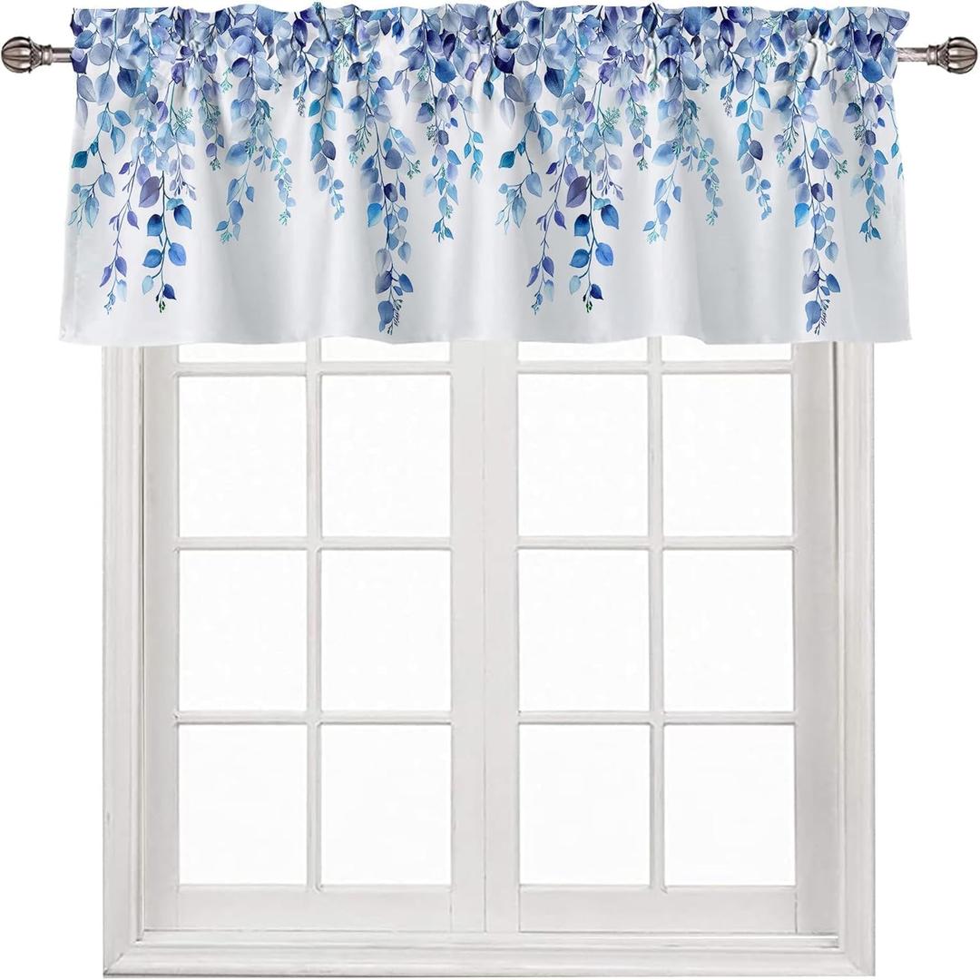 Valances for Windows Rod Pocket Curtain Blue 42 x 12 inch | Eucalyptus Leaf Print Rod Pocket Light Filtering Window Treatments Valance for Kitchen Bathroom Laundry Living Room