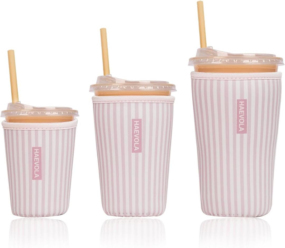 Reusable Insulated Neoprene Iced Coffee Cup Sleeve, Durable Drink Sleeve for Cold Beverages, Beverage Holder for Iced Coffee, Pink Stripes