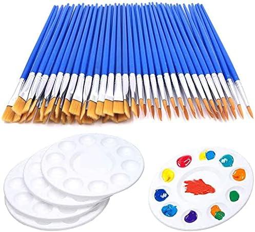 65Pcs Paint Brushes Palettes Set,60pcs Flat Round Paint Brush 5 PCS Paint Trays for Kid Classroom Crafts Small Paint Brushes Bulk for Acrylic Oil Watercolor Canvas Face Rock Painting Party Painting