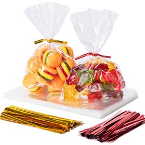 Aegero Cello Cellophane Treat Bags, 200 Pcs 4x6 Inches Clear Cellophane Bags with 200 Twist Ties for Gift Wrapping,Packaging Candies,Dessert,Bakery,Party Favors
