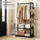 Solid Wood Clothes Rack with 2 Shelves & 4 Hooks for Hanging Clothes Garment Wallets Hats, Black Clothing Rack Heavy Duty Coat Rack Freestanding with Storage Hall Tree for Hallway Bedroom Living Room