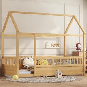 Bellemave Twin Size House Bed Frame with High Fence,Solid Wood Montessori Floor Bed with Roof for Kids Girls Boys,Kids House Bed,Natural