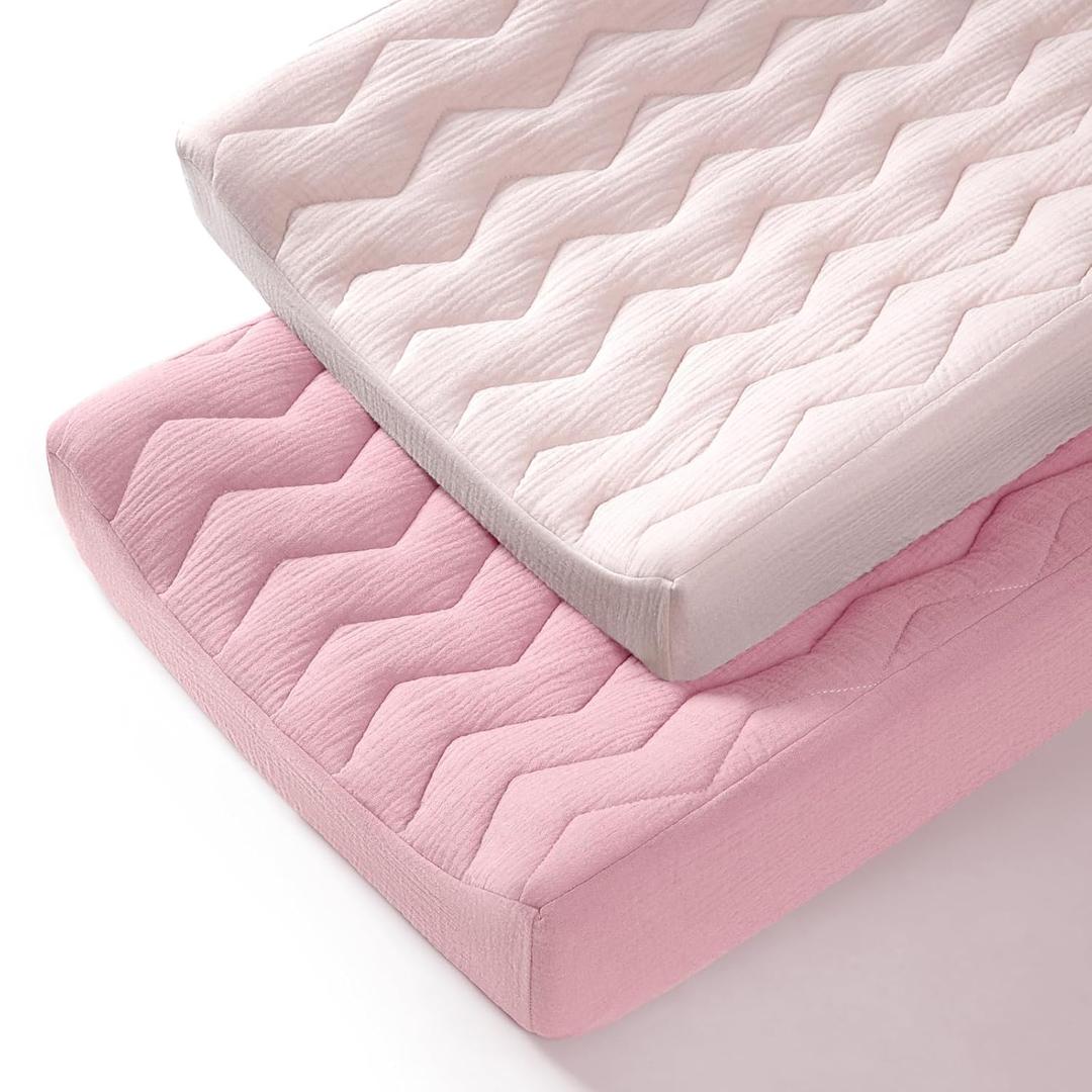 lulumoon Muslin Changing Pad Cover: Baby Cotton Quilted Changing Table Cover - Soft Changing Pad Sheets for Boys Girls (Soft Pink & Carnation)