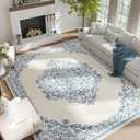 jinchan Area Rug 6x9 Washable Rug Vintage Living Room Carpet Thin Non Slip Large Mat Floral Medallion Boho Floor Cover Low Pile Carpet for Bedroom Dining Room Nursery Office Farmhouse Blue On Cream
