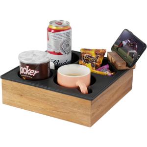 Couch Cup Holder Tray, Soft Food Grade Silicone Acacia Wooden Couch Caddy for Bed Car Seat Beach Organizer, Waterproof Anti-Spill Couch Drink Holder for Snacks Beverage Remote (Black) (10*10*3 IN)