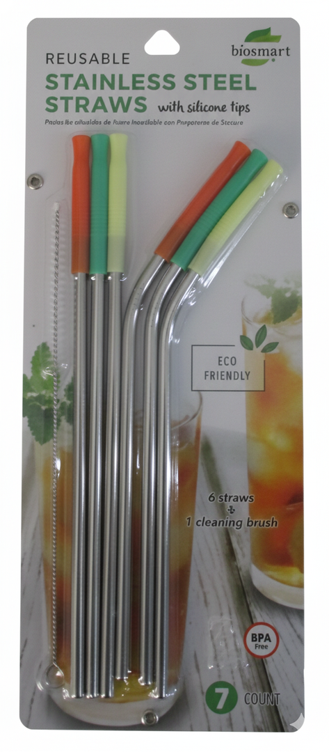 BIOSMART Reusable Stainless Steel Straw Set w/ Silicone Tips & 1 Cleaning Brush
