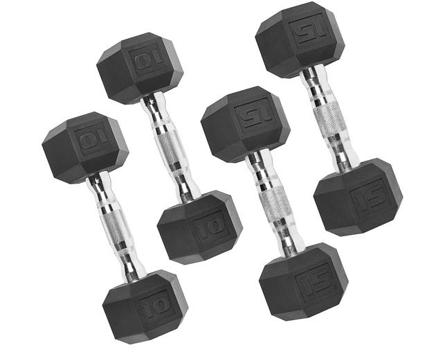 4 Pack CAP 50 lb Rubber Hex Dumbbell Weight Set, Includes 2 x 10lb, 2 x 15lb Dumbbells