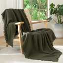 MooMee Muslin Blanket - 100% Cotton 4-Layer Gauze Throw Blanket with All-Around Fringe, Soft Breathable Lightweight Cooling Summer Blankets for Bed Couch (Olive Green,Throw XL 50" x 70")