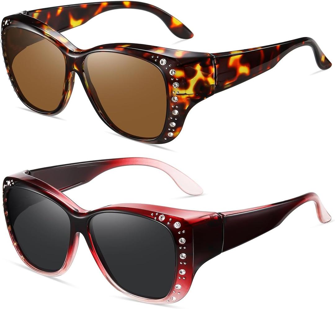 Wzerry Sunglasses Fit Over Glasses for Women, Retro Over Prescription Glasses Polarized UV 400 Protection with Rhinestone (Brown Tortoise/Brown + Gradient Red/Grey)